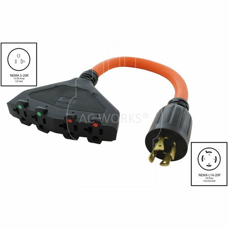 Ac Works 1.5FT L14-20P 20A 4-Prong Locking Plug to 4 NEMA 5-15/20R Connectors L1420F520-018